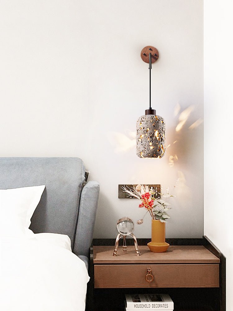 Volcanic Glow Travertine Wall Sconce with Walnut Accent