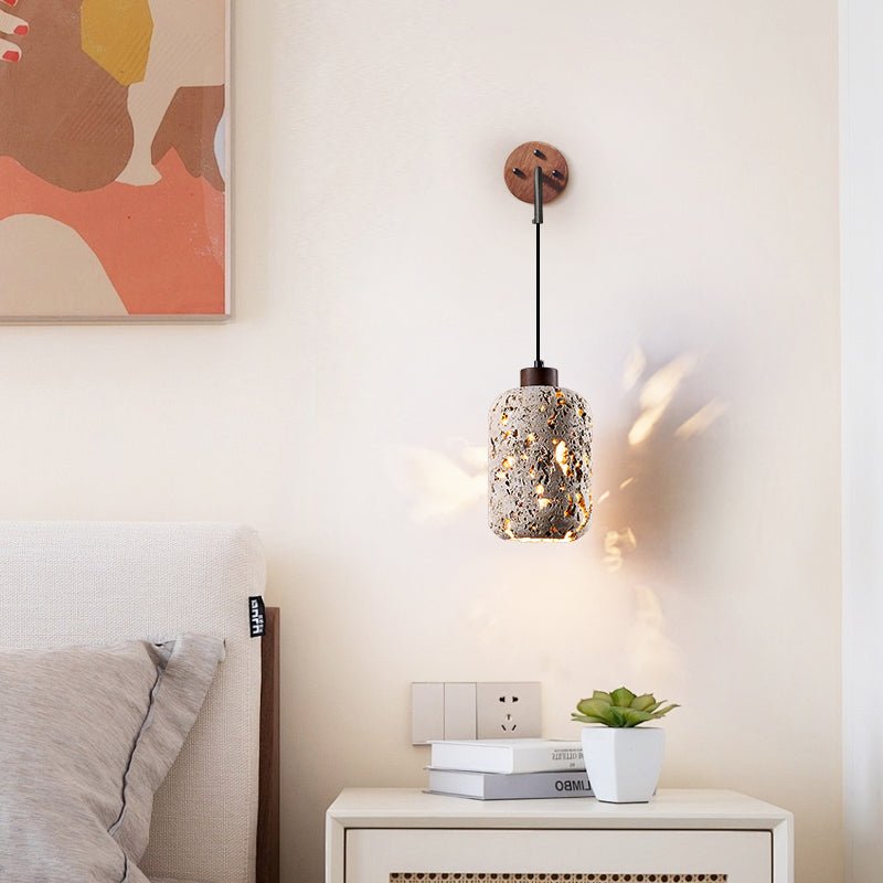 Volcanic Glow Travertine Wall Sconce with Walnut Accent