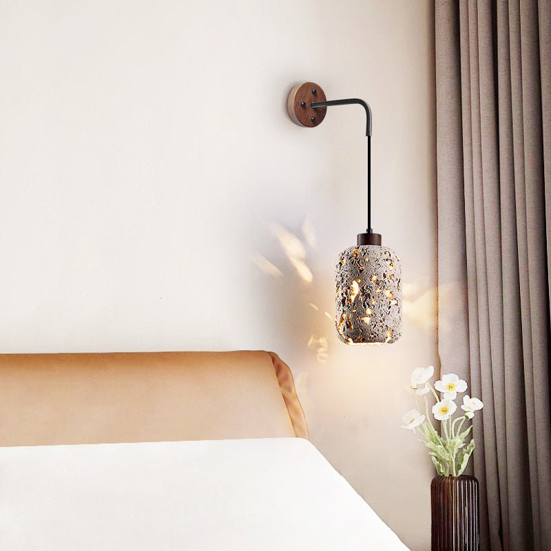 Volcanic Glow Travertine Wall Sconce with Walnut Accent