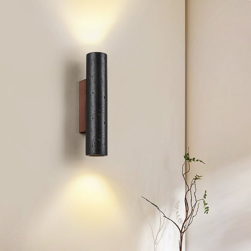 Volcanic Noir Wall Sconce – Black Travertine & Walnut Up-Down Light