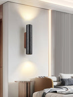 Volcanic Noir Wall Sconce – Black Travertine & Walnut Up-Down Light