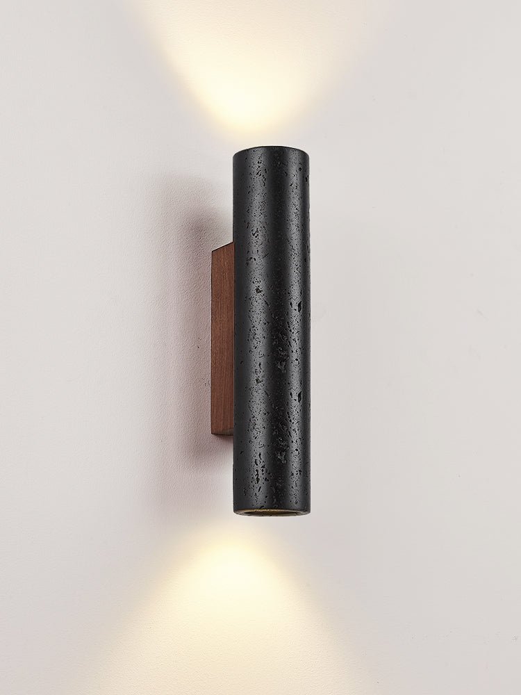 Volcanic Noir Wall Sconce – Black Travertine & Walnut Up-Down Light