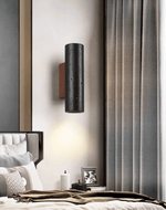 Volcanic Noir Wall Sconce – Black Travertine & Walnut Up-Down Light