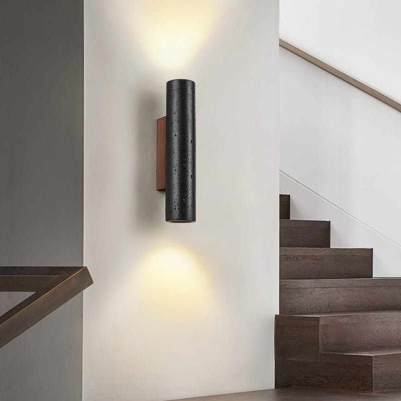 Volcanic Noir Wall Sconce – Black Travertine & Walnut Up-Down Light