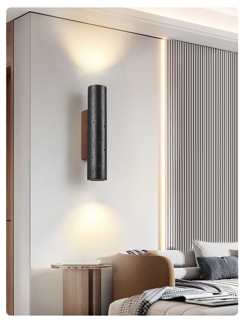 Volcanic Noir Wall Sconce – Black Travertine & Walnut Up-Down Light
