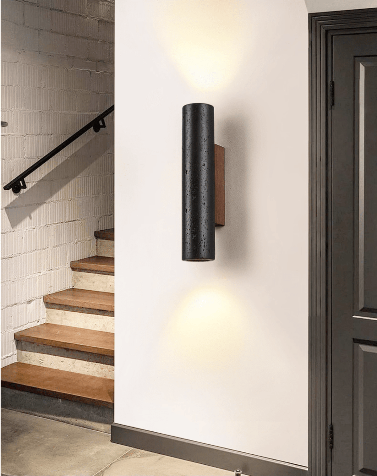 Volcanic Noir Wall Sconce – Black Travertine & Walnut Up-Down Light
