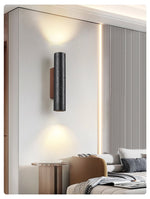 Volcanic Noir Wall Sconce – Black Travertine & Walnut Up-Down Light