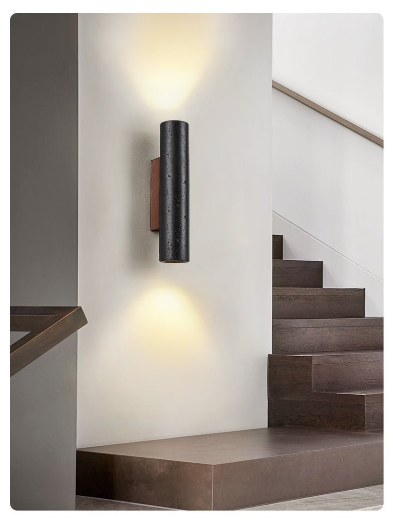 Volcanic Noir Wall Sconce – Black Travertine & Walnut Up-Down Light