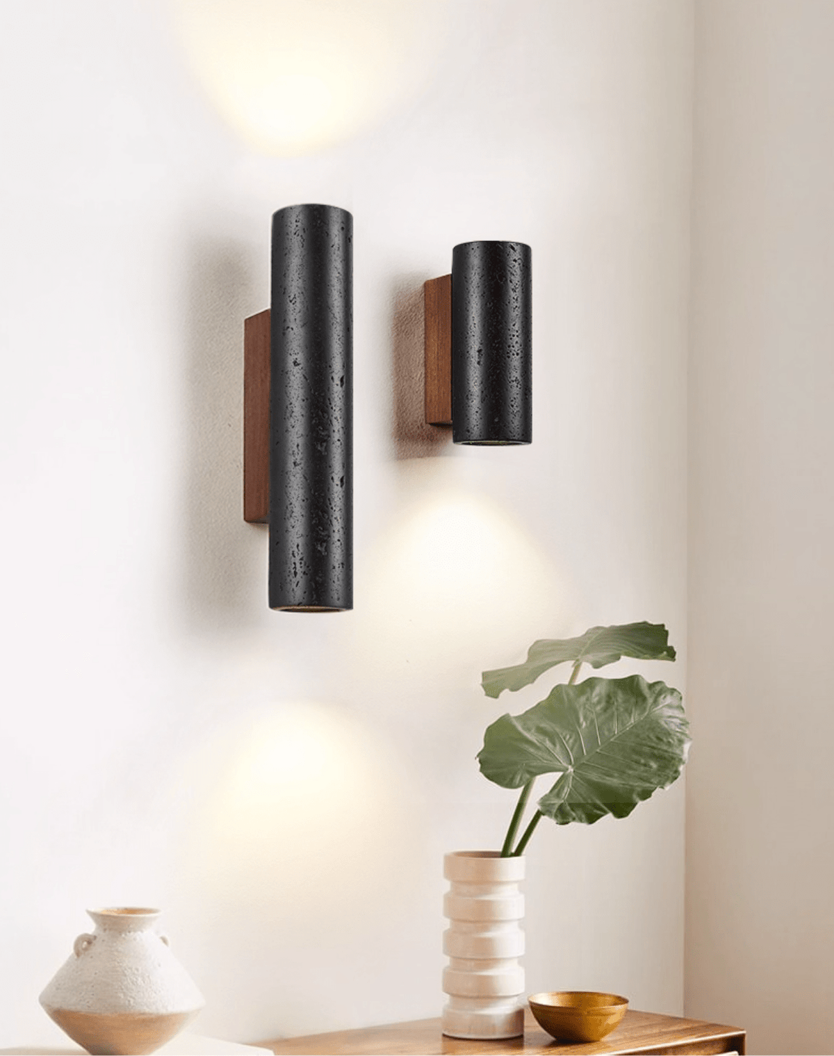 Volcanic Noir Wall Sconce – Black Travertine & Walnut Up-Down Light