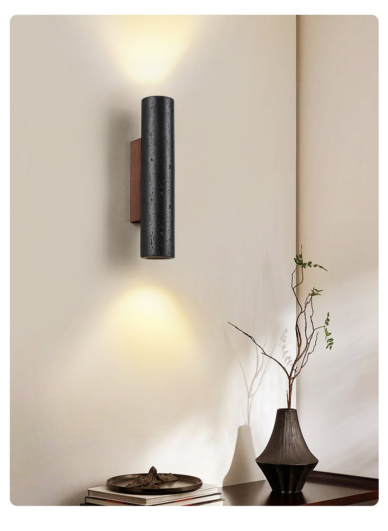 Volcanic Noir Wall Sconce – Black Travertine & Walnut Up-Down Light