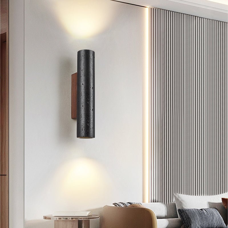 Volcanic Noir Wall Sconce – Black Travertine & Walnut Up-Down Light