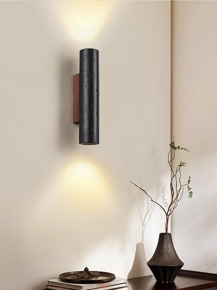 Volcanic Noir Wall Sconce – Black Travertine & Walnut Up-Down Light