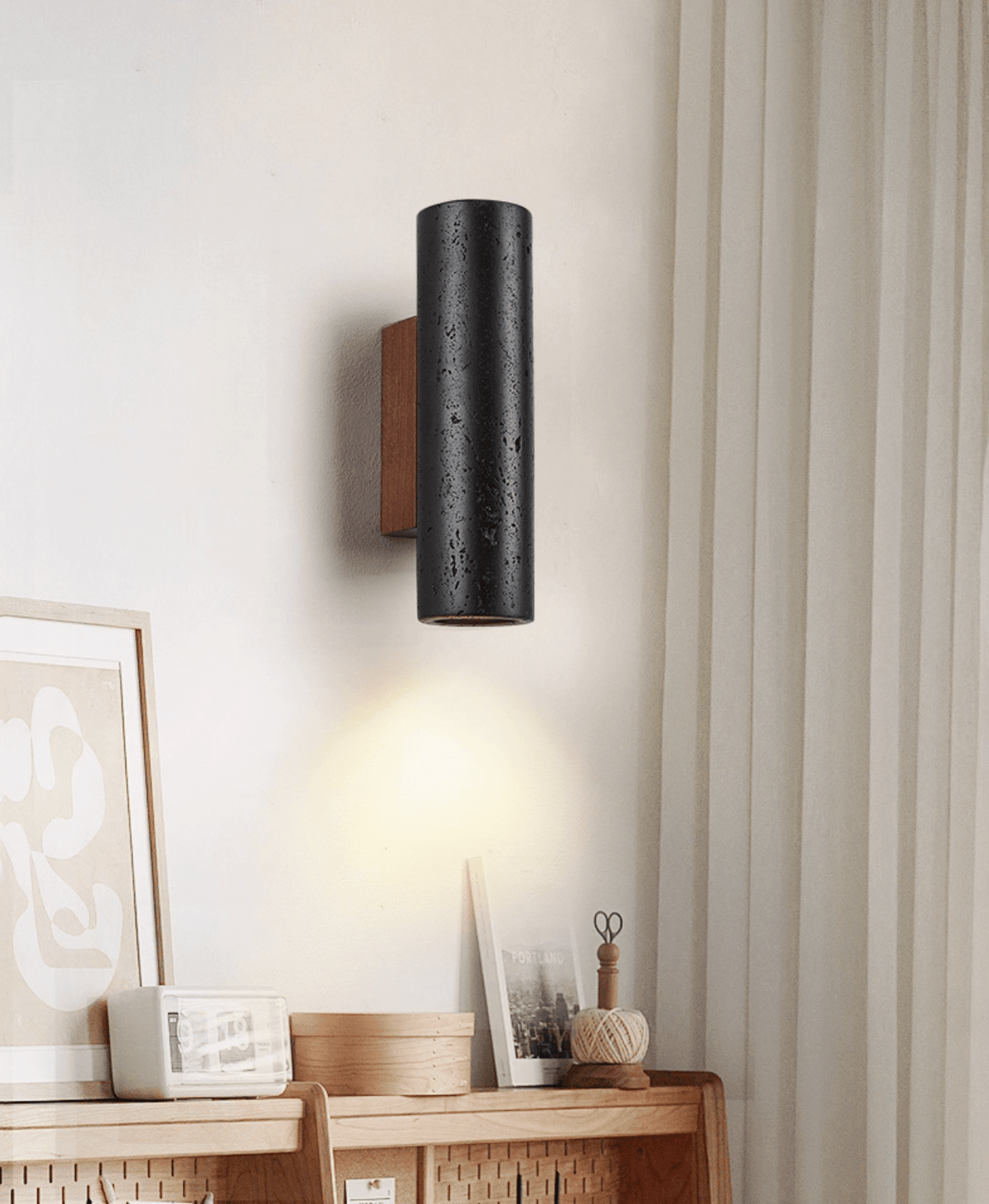 Volcanic Noir Wall Sconce – Black Travertine & Walnut Up-Down Light