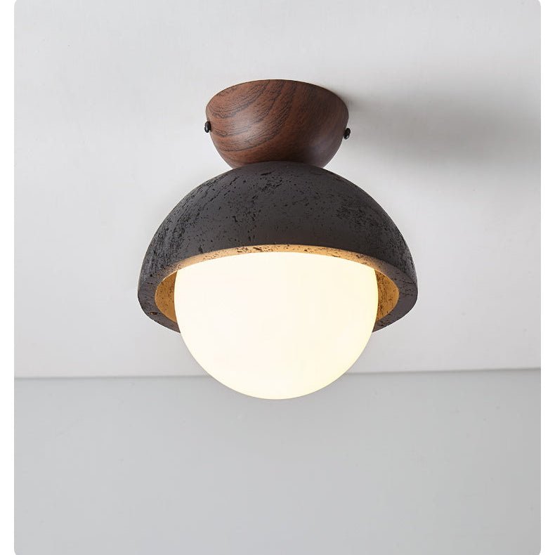 Volcanic Orb Flush Mount Ceiling Light in Black Travertine and Opal Glass