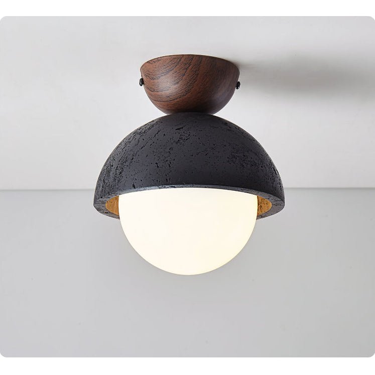 Volcanic Orb Flush Mount Ceiling Light in Black Travertine and Opal Glass
