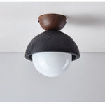 Volcanic Orb Flush Mount Ceiling Light in Black Travertine and Opal Glass
