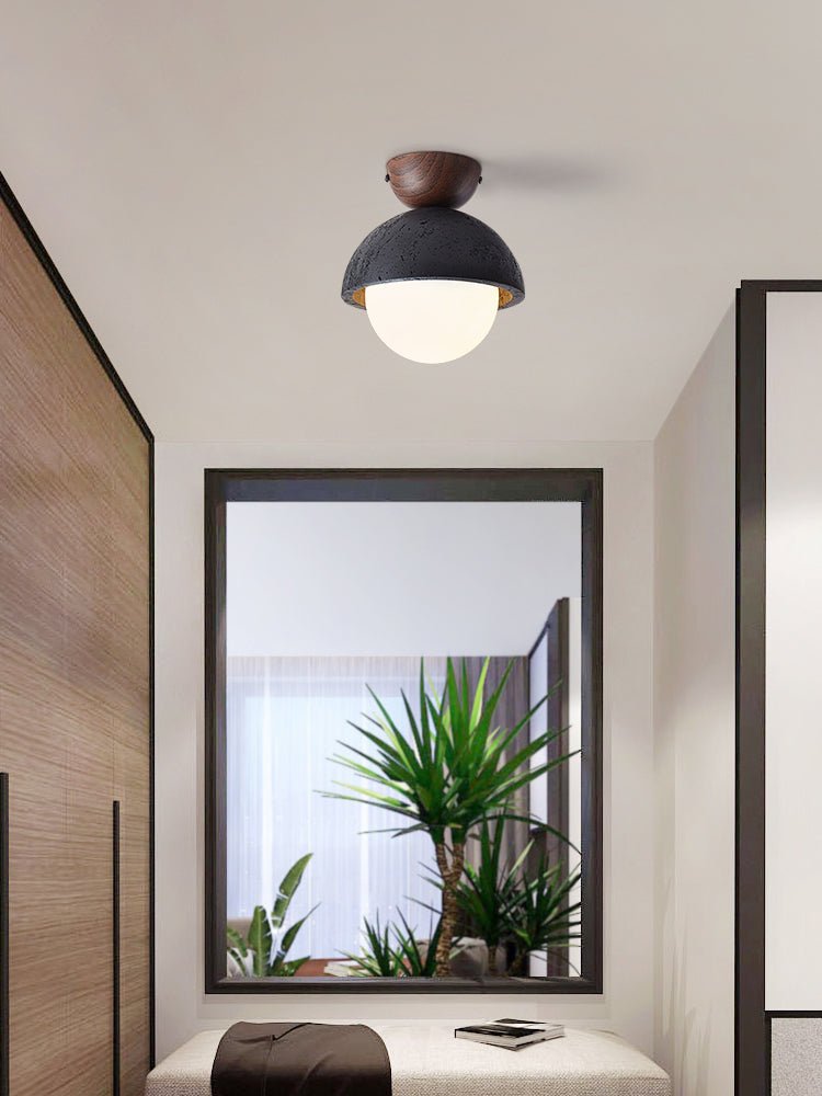 Volcanic Orb Flush Mount Ceiling Light in Black Travertine and Opal Glass