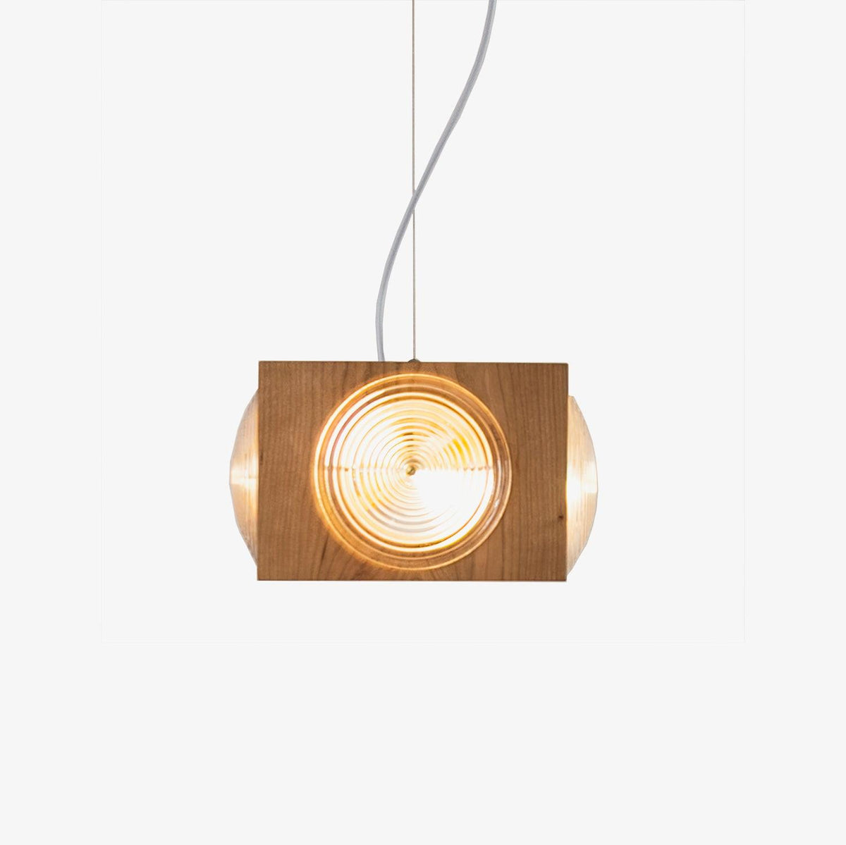 Vintage Camera Pendant Light in Cherry Wood with Glass Lens