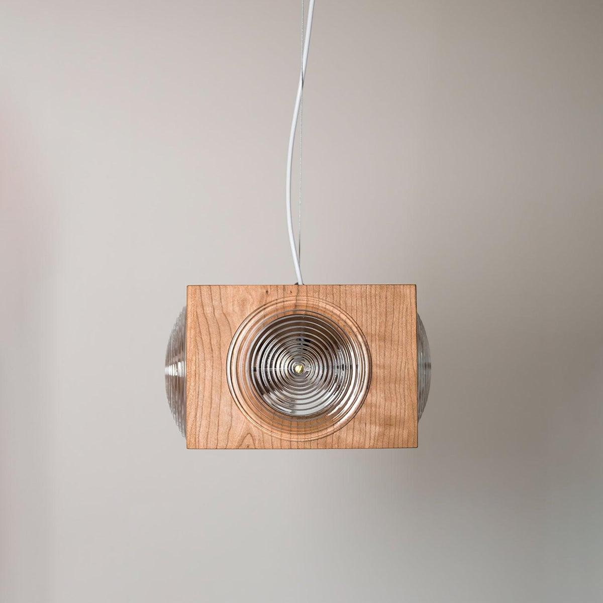 Vintage Camera Pendant Light in Cherry Wood with Glass Lens