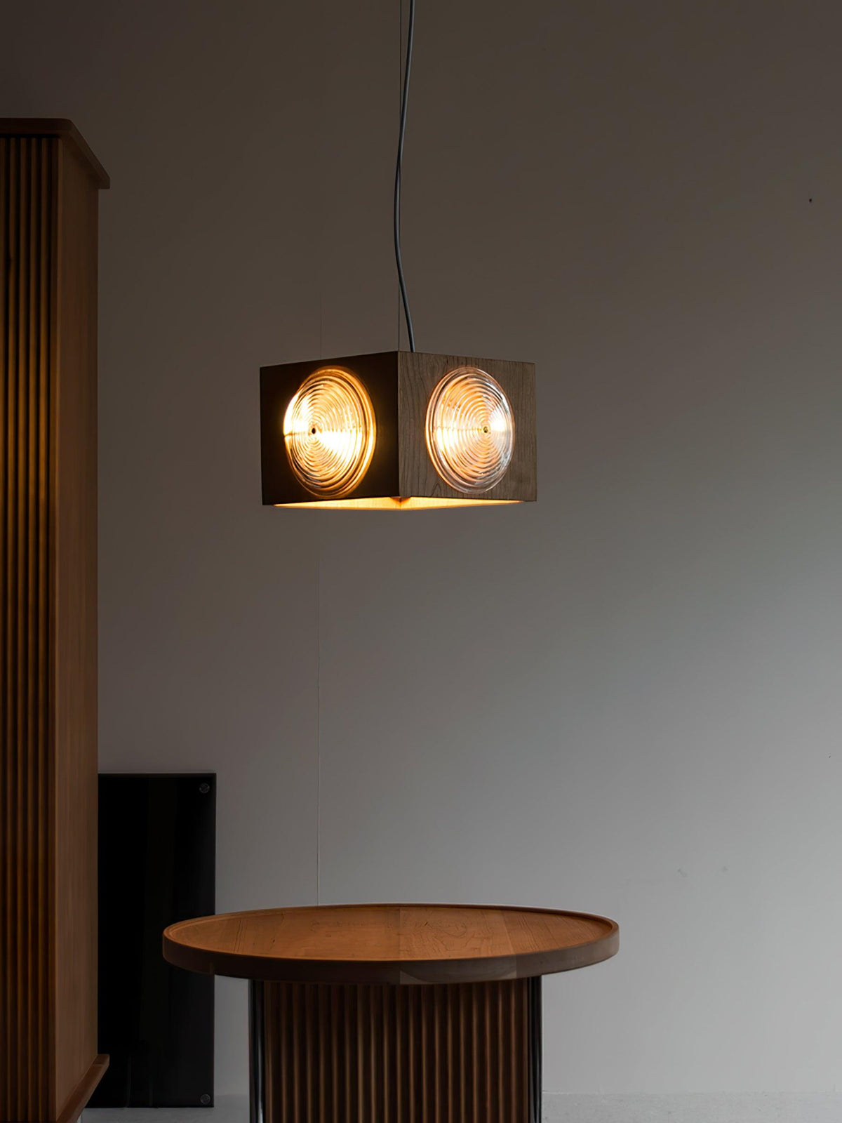 Vintage Camera Pendant Light in Cherry Wood with Glass Lens