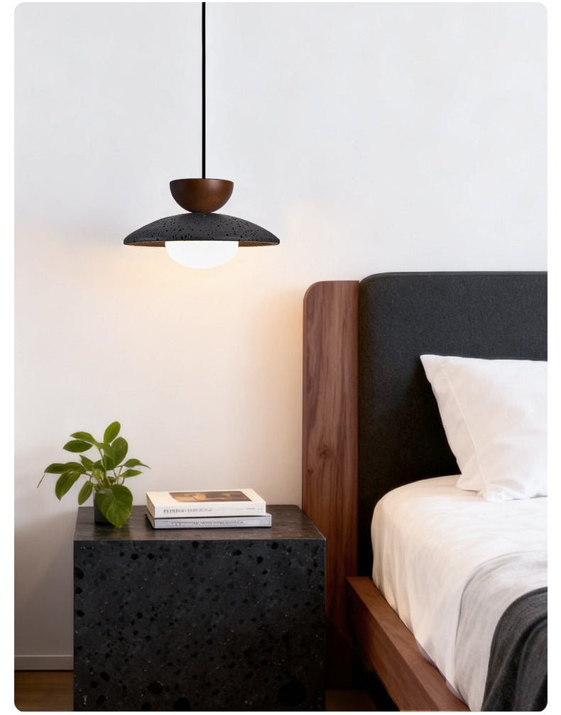 Vulca Dome Pendant Light in Black Travertine and Walnut