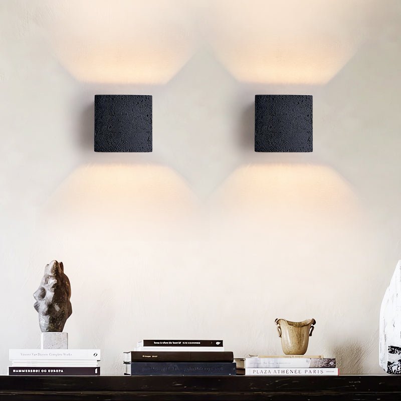Vulcanis Cube Wall Sconce in Black Travertine with Golden Interior