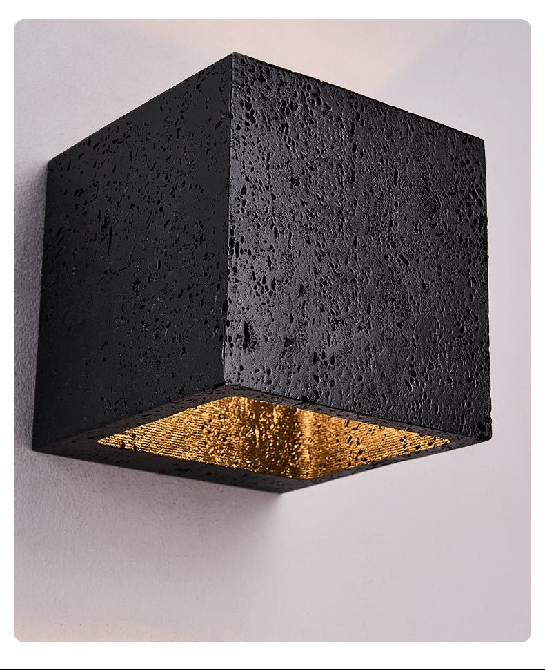 Vulcanis Cube Wall Sconce in Black Travertine with Golden Interior