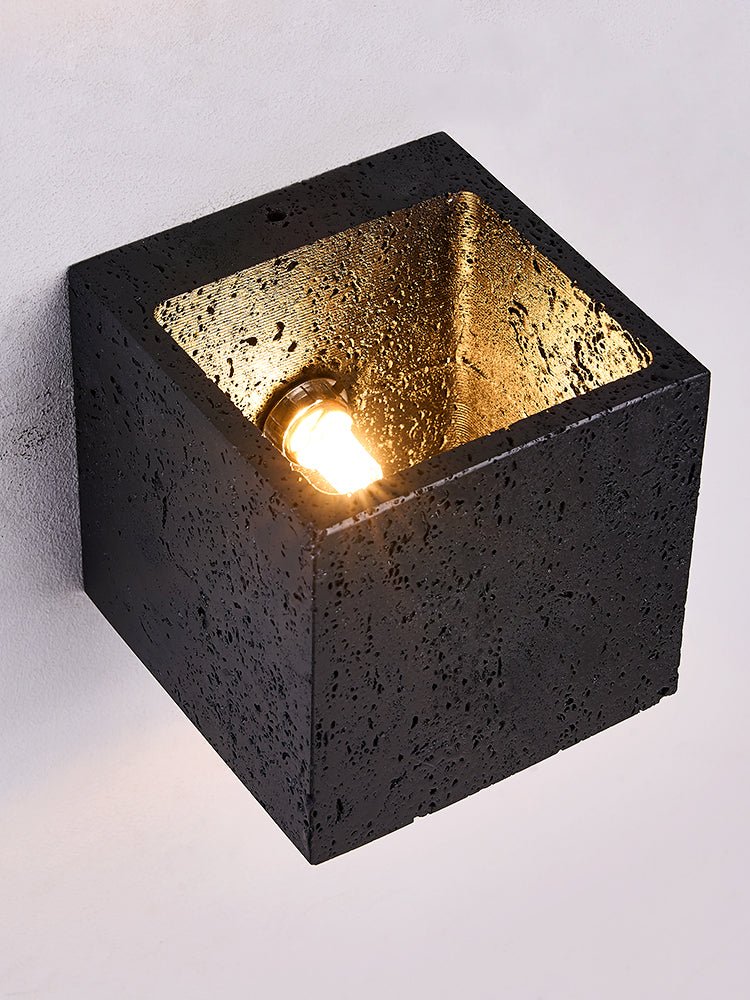 Vulcanis Cube Wall Sconce in Black Travertine with Golden Interior