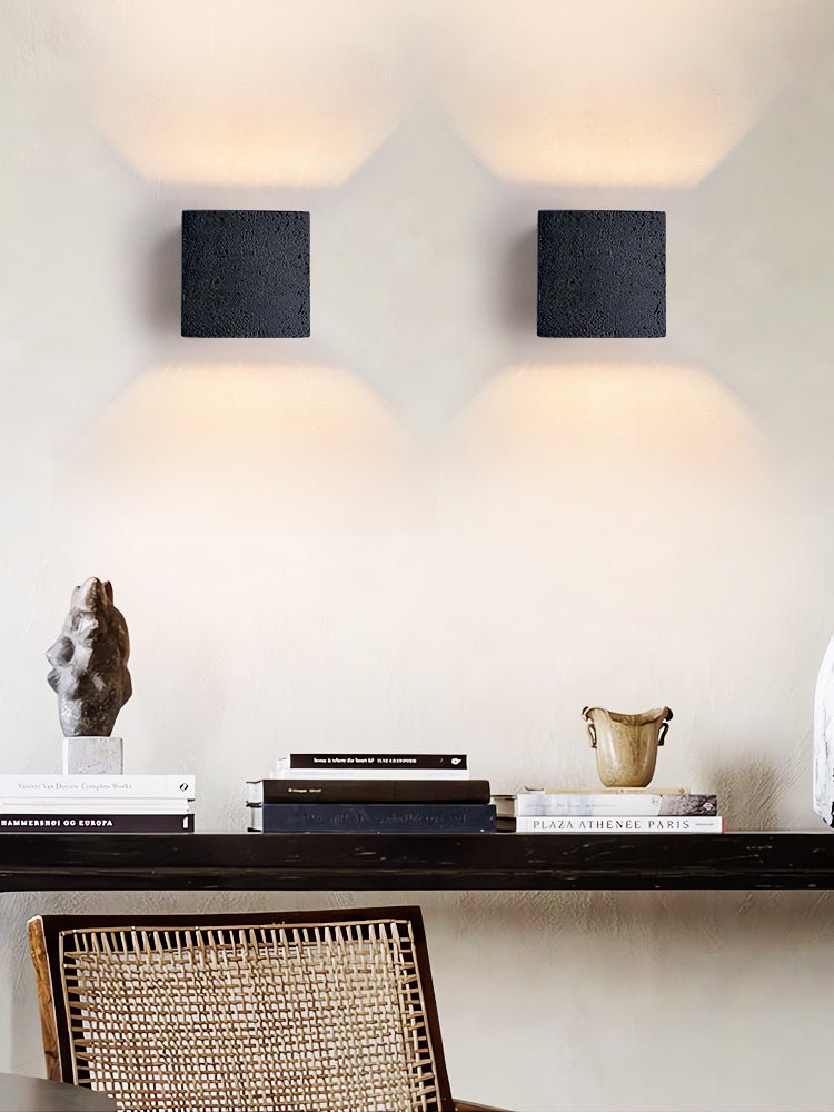 Vulcanis Cube Wall Sconce in Black Travertine with Golden Interior