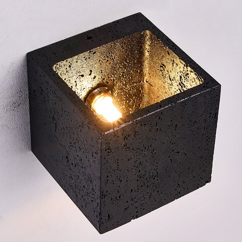 Vulcanis Cube Wall Sconce in Black Travertine with Golden Interior