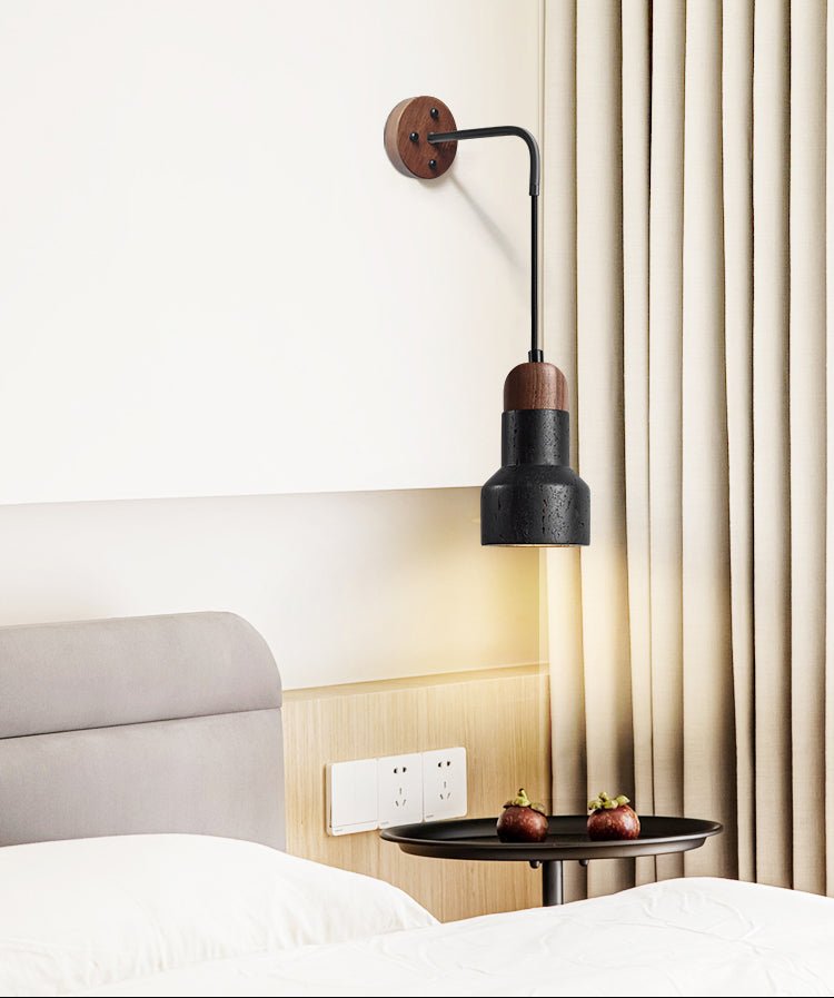 Vulkan Drop Wall Sconce in Black Travertine and Walnut
