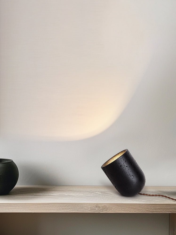 Vultrion Sculptural Black Travertine Table Lamp with Gold Leaf Interior