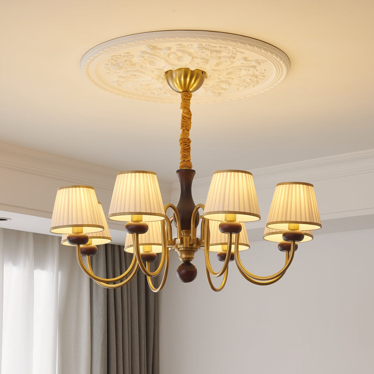 Walden Pleat Chandelier — Modern Wood & Fabric Pendant Light for Dining Room