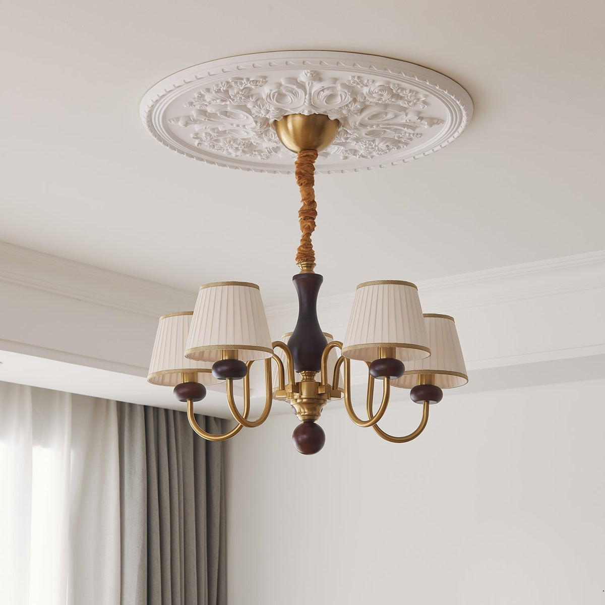 Walden Pleat Chandelier — Modern Wood & Fabric Pendant Light for Dining Room