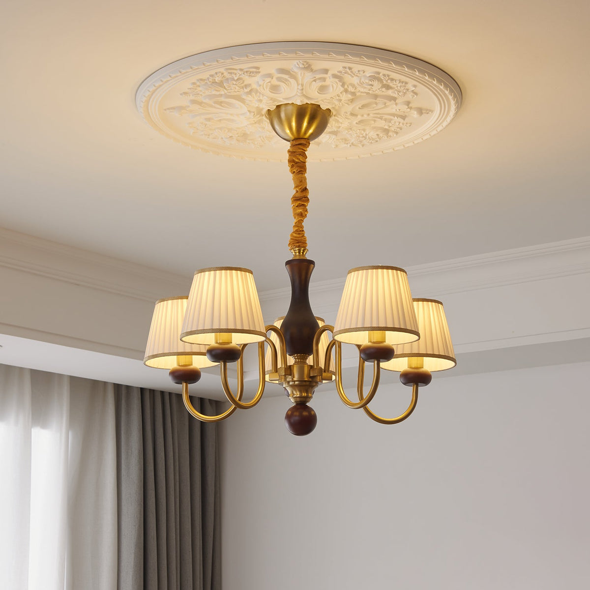 Walden Pleat Chandelier — Modern Wood & Fabric Pendant Light for Dining Room