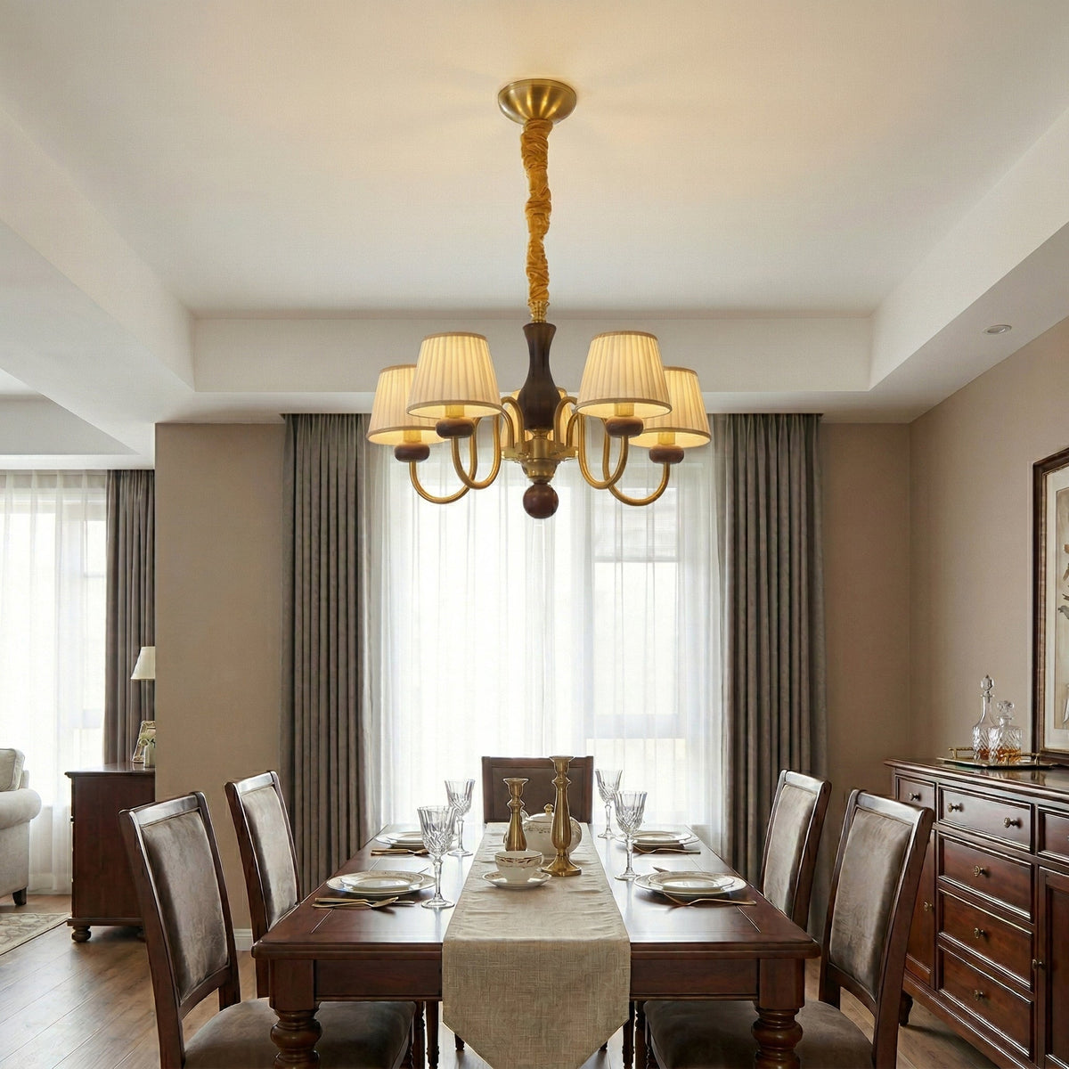 Walden Pleat Chandelier — Modern Wood & Fabric Pendant Light for Dining Room