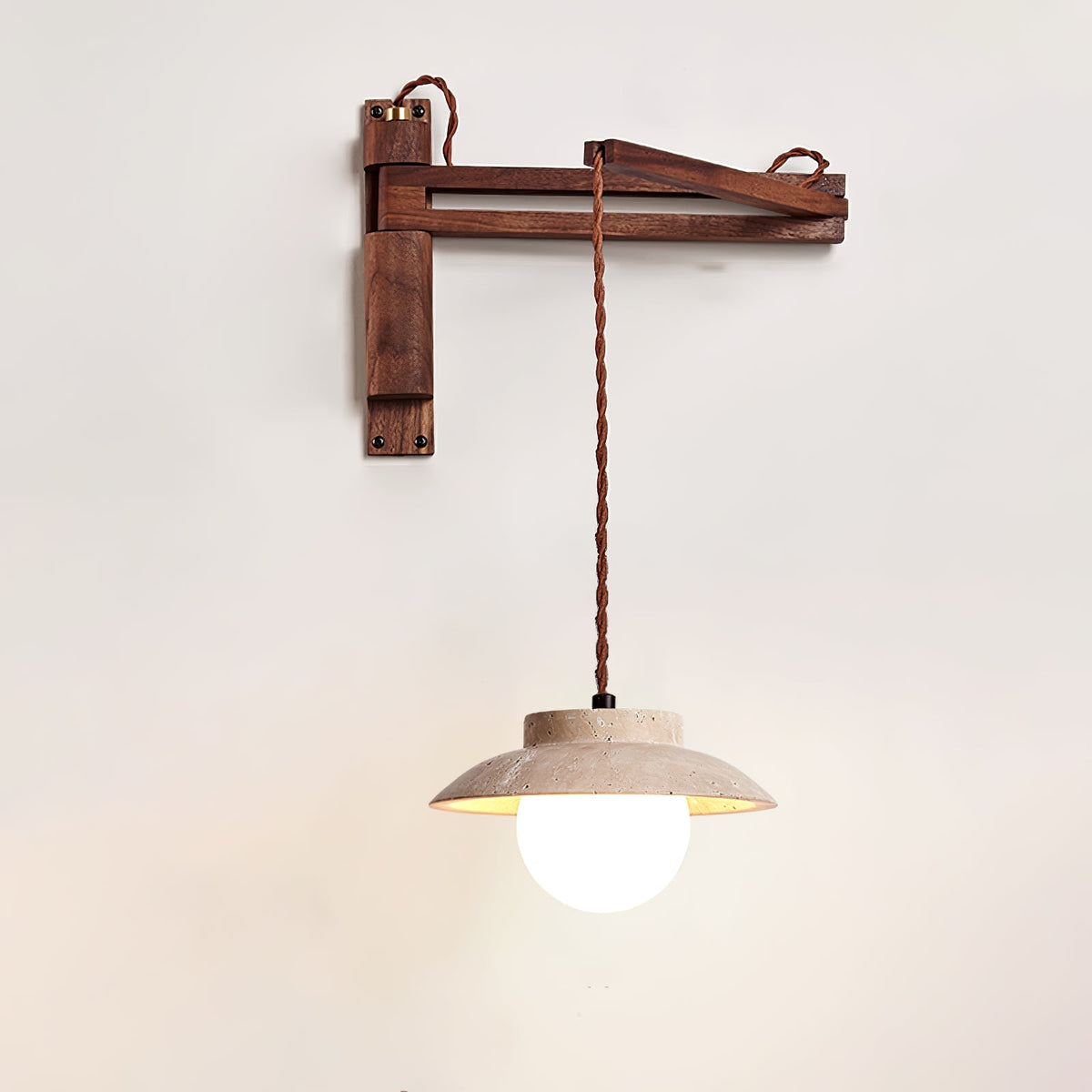 Artisan Arc Wall Sconce with Walnut Arm and Travertine Shade