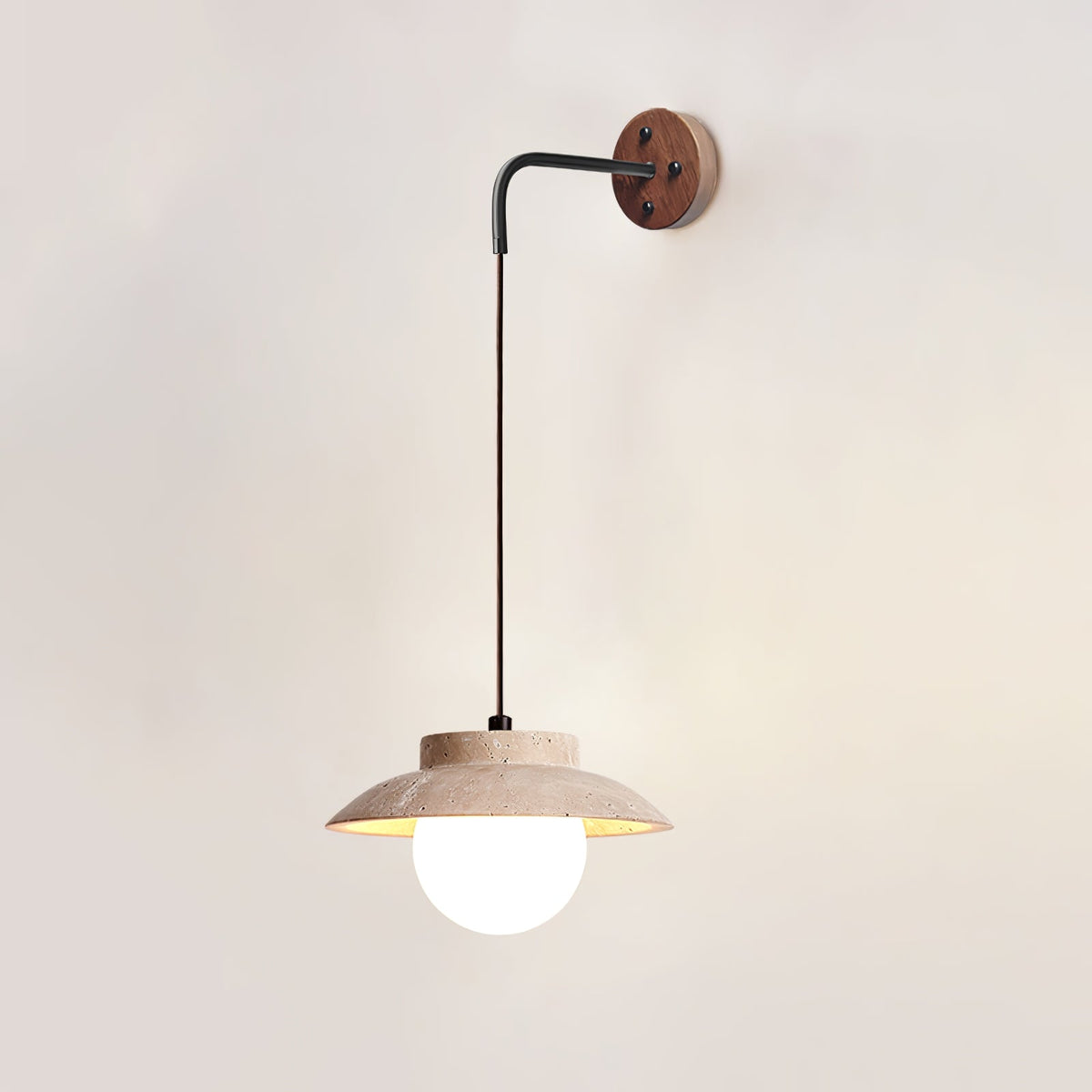 Artisan Arc Wall Sconce with Walnut Arm and Travertine Shade