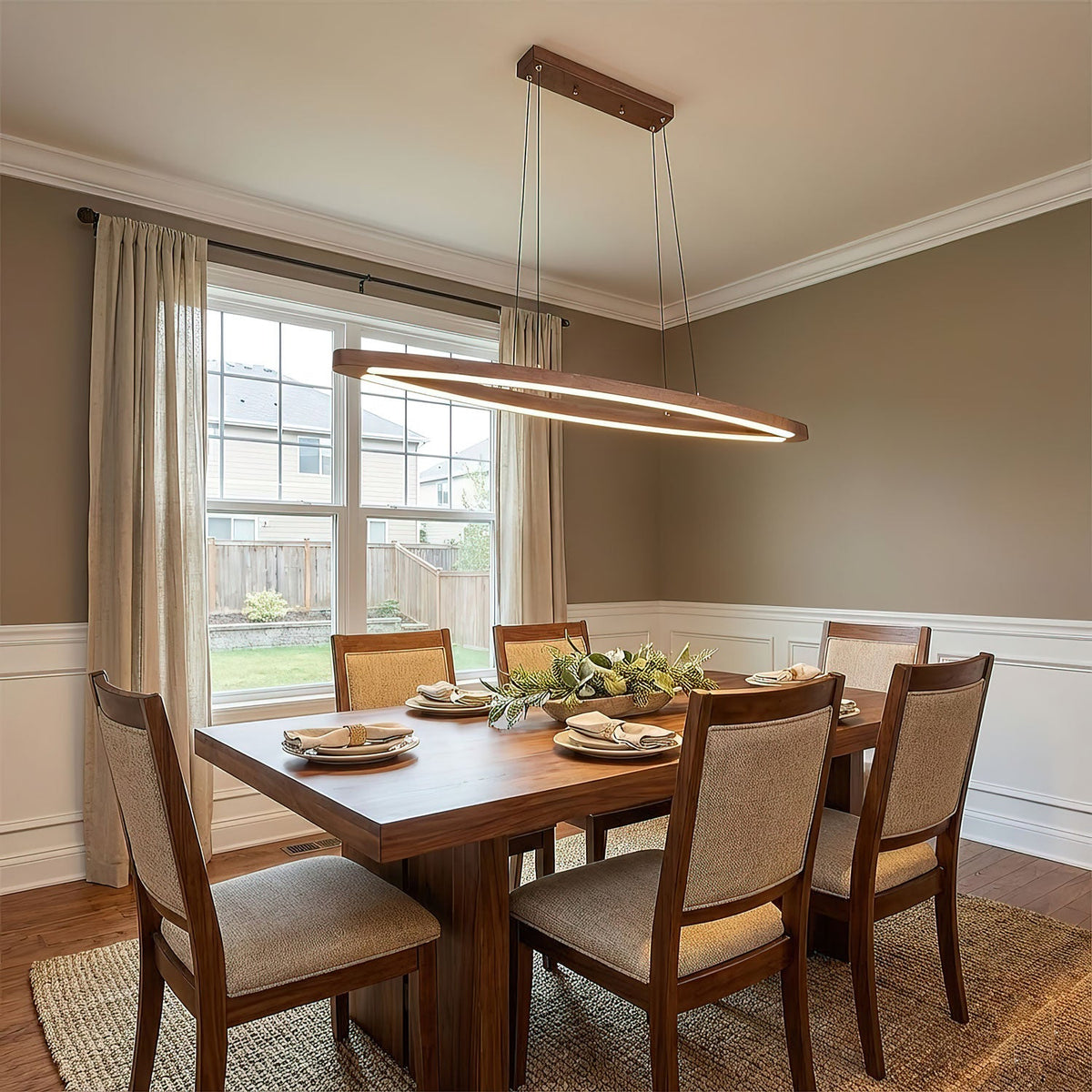 Walnut Arc Linear LED Pendant Light for Kitchen Island and Dining Room