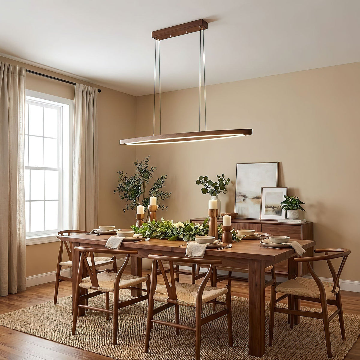 Walnut Arc Linear LED Pendant Light for Kitchen Island and Dining Room