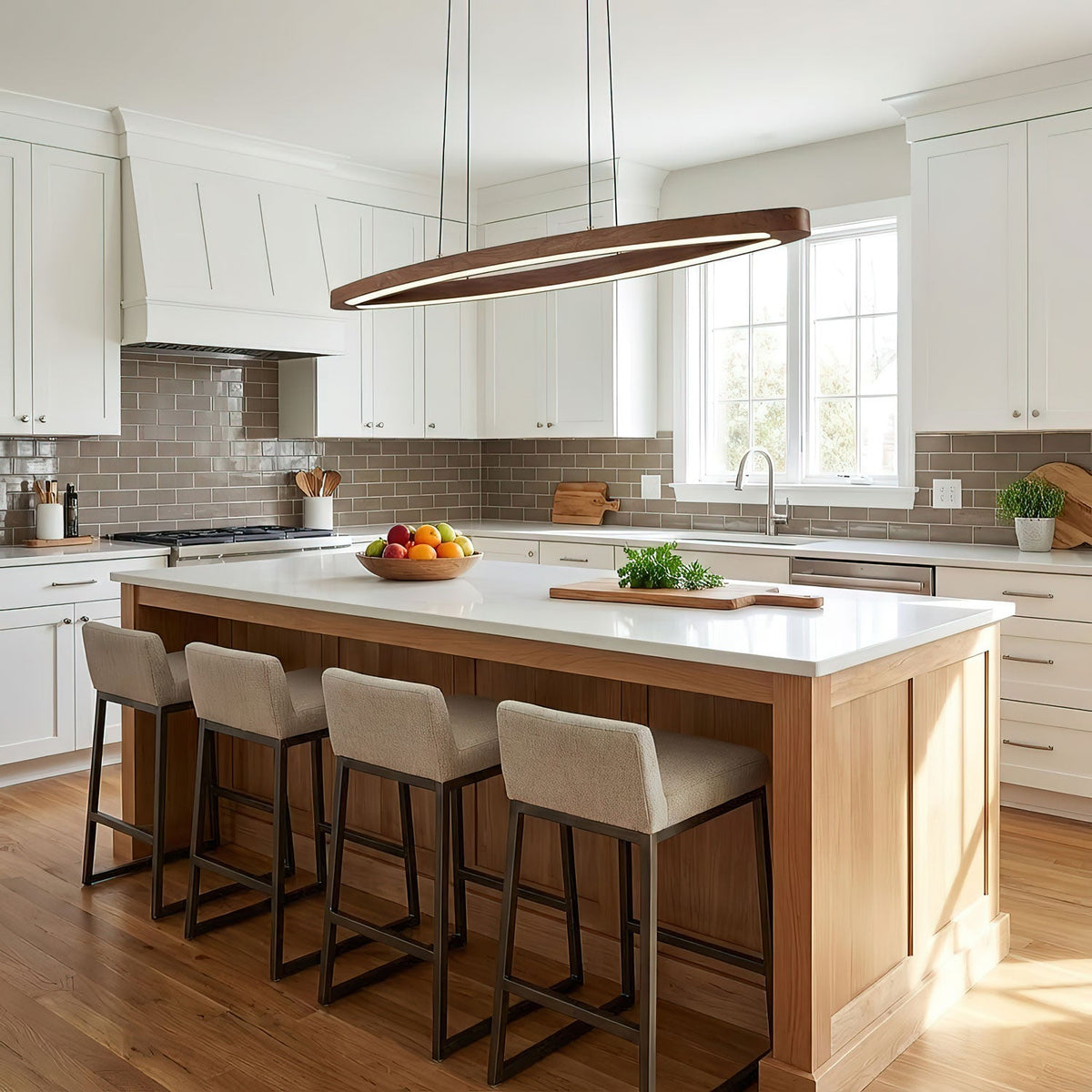 Walnut Arc Linear LED Pendant Light for Kitchen Island and Dining Room