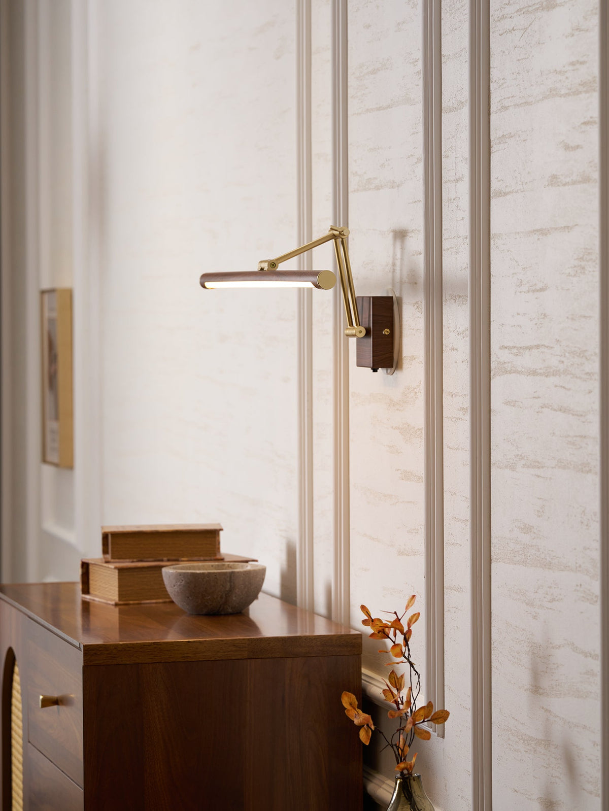 Walnut Linear Wall Sconce with Adjustable Brass Arm