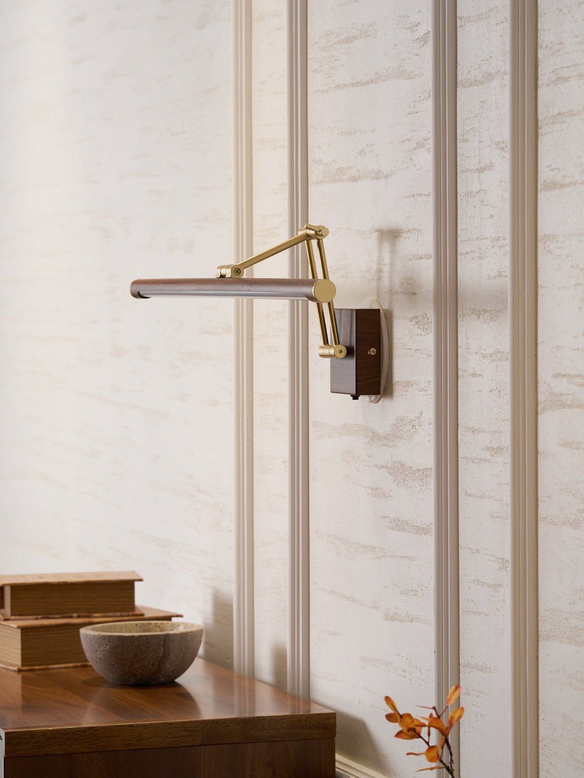 Walnut Linear Wall Sconce with Adjustable Brass Arm