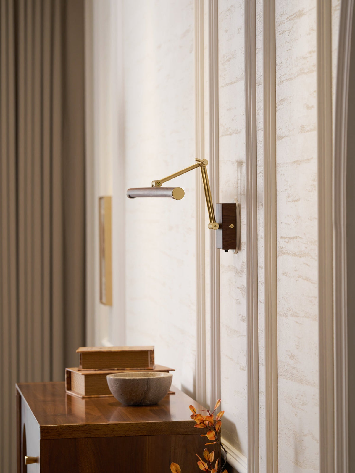 Walnut Linear Wall Sconce with Adjustable Brass Arm