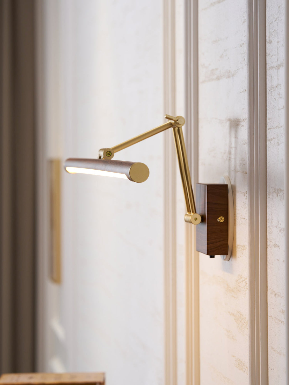 Walnut Linear Wall Sconce with Adjustable Brass Arm