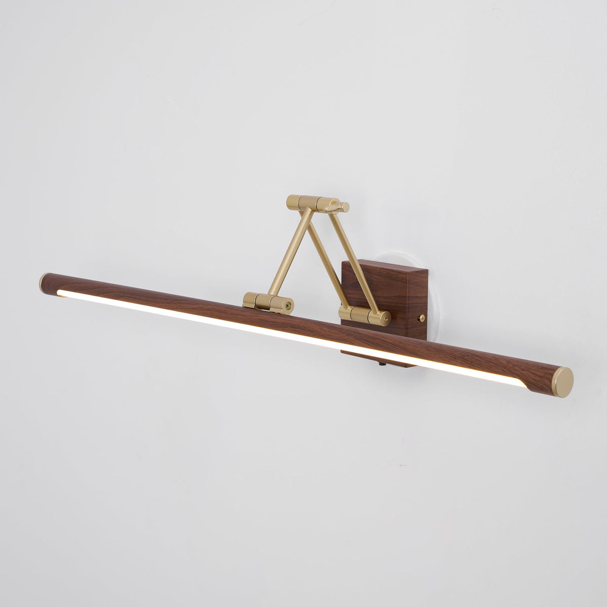 Walnut Linear Wall Sconce with Adjustable Brass Arm