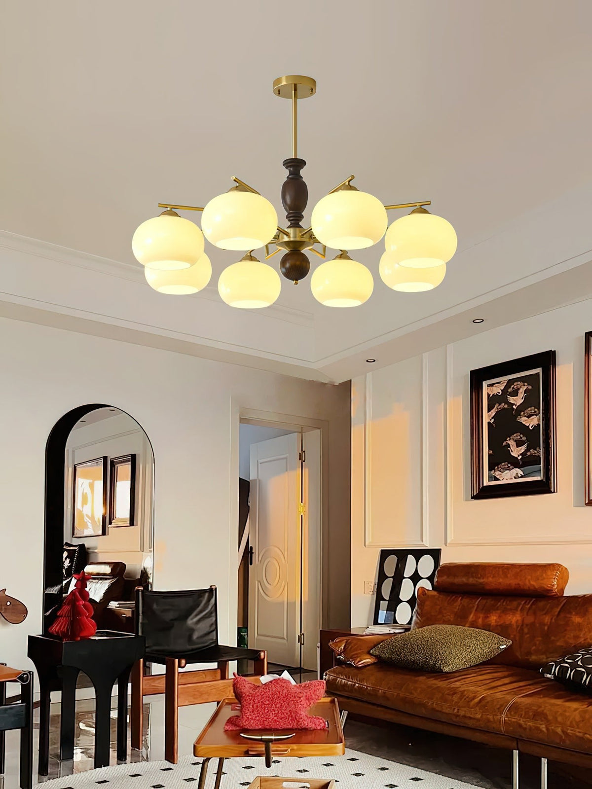 Walnut Beige Orb Chandelier – Modern Designer Pendant Light for Dining and Living Rooms