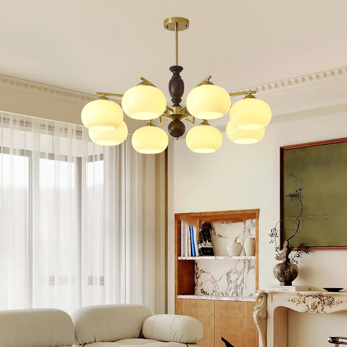 Walnut Beige Orb Chandelier – Modern Designer Pendant Light for Dining and Living Rooms