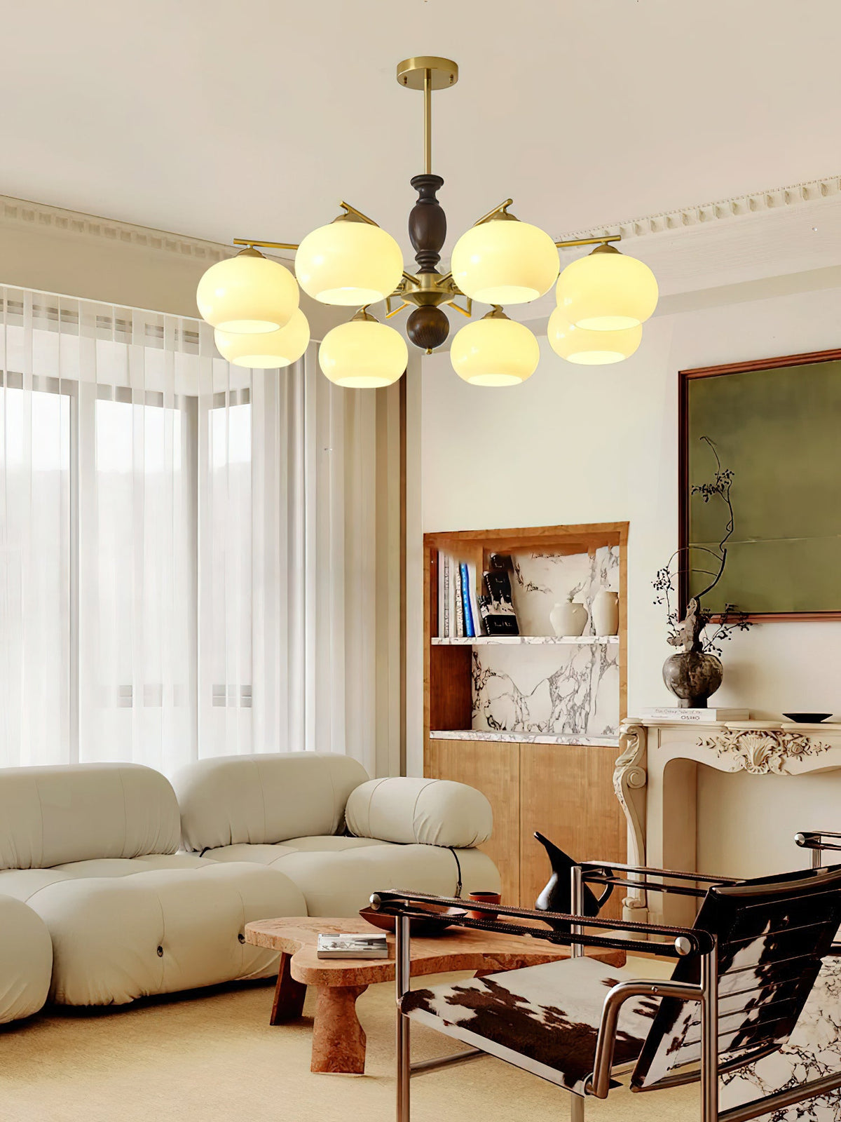 Walnut Beige Orb Chandelier – Modern Designer Pendant Light for Dining and Living Rooms