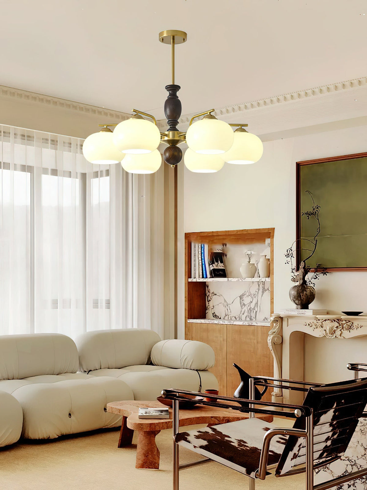 Walnut Beige Orb Chandelier – Modern Designer Pendant Light for Dining and Living Rooms